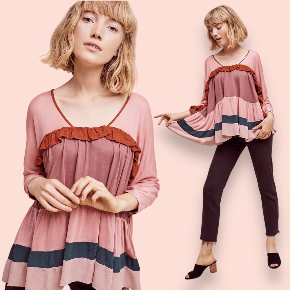 Anthropologie Boho Tiered Ruffle Colorblock Top Long Sleeve Swing Size Medium